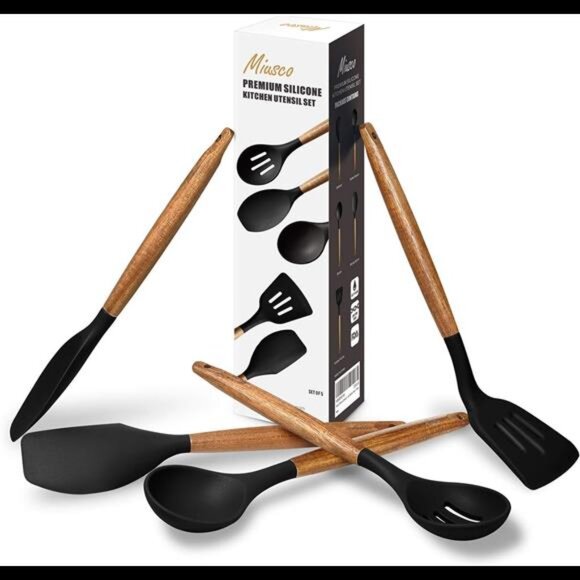 Non-Stick Silicone Kitchen Utensils Set with Natural Acacia Hard Wood Handle - Picture 2 of 7